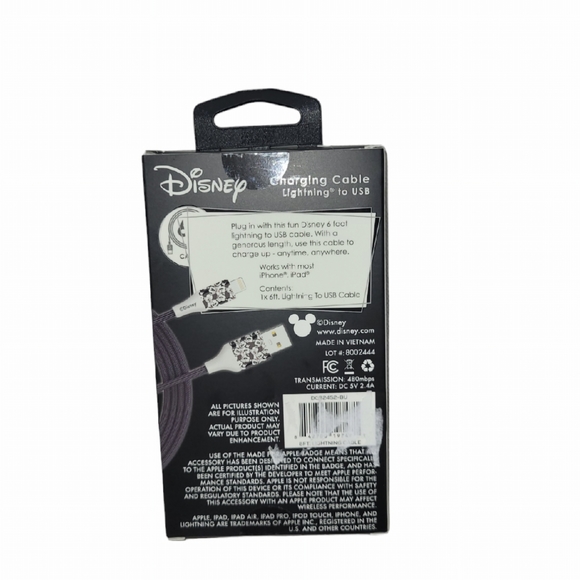 Disney Mickey Mouse 6Ft iPhone/Ipad Charging Cable Lightning To USB - New - Picture 2 of 3